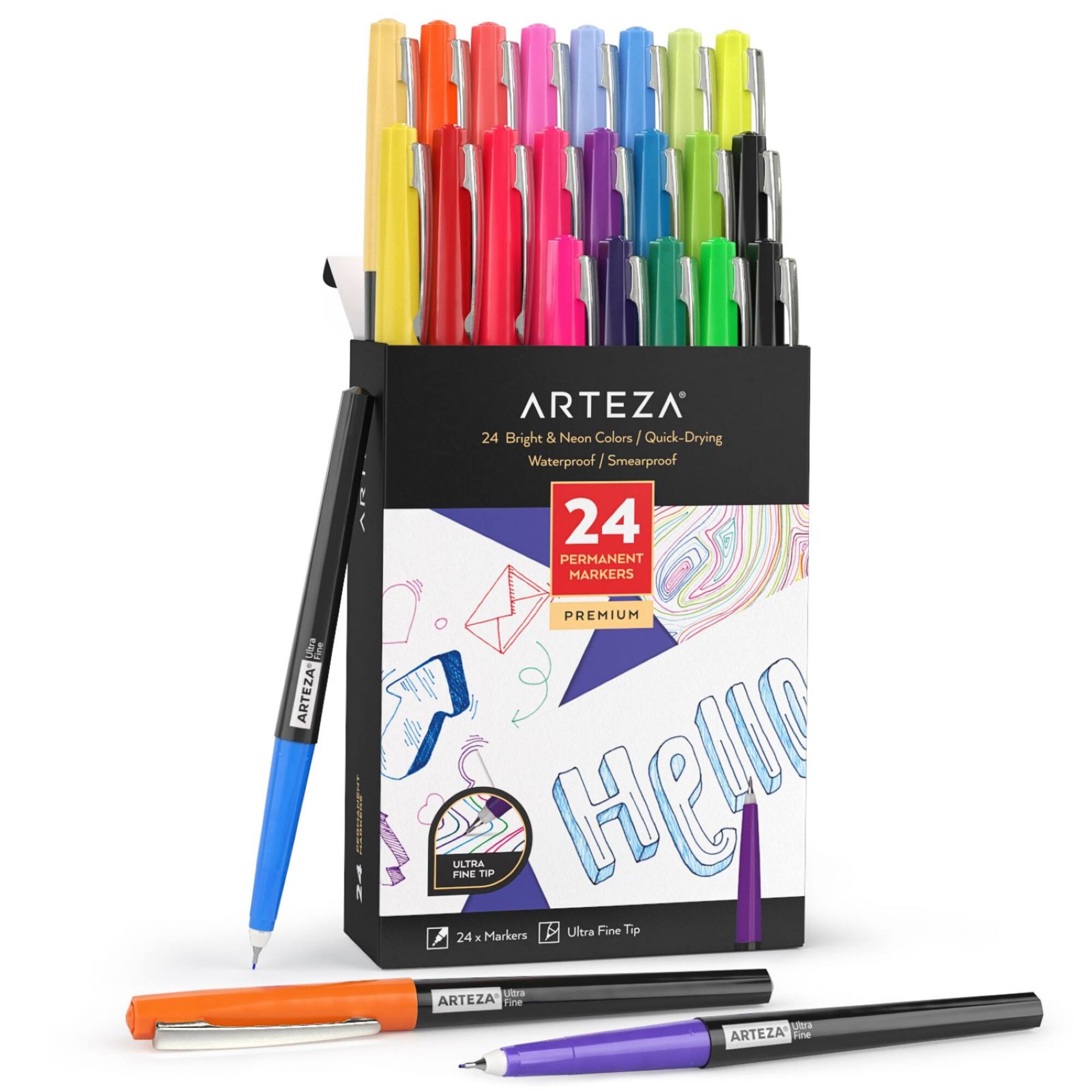 Arteza® 24 Bright & Neon Colors Permanent Ultra Fine Tip Marker Set
